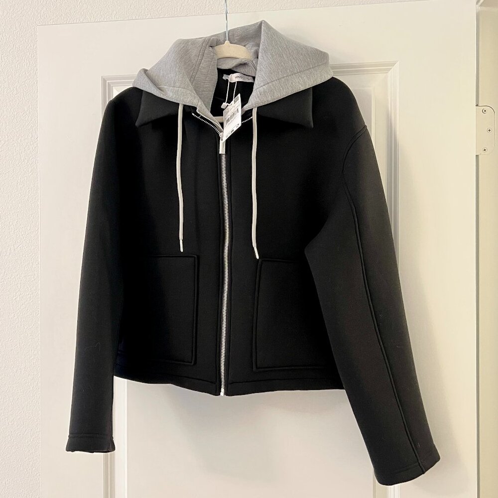 Mango Black Grey Hooded Jacket with Removable Hood, NEW